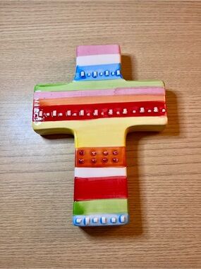 Colorful Ceramic Wall Cross - Baum Bros - Hand Painted Decor 7.5x5.5in